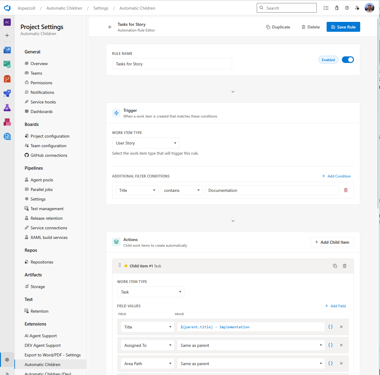 General Rules Work Item Type Conditions Screenshot