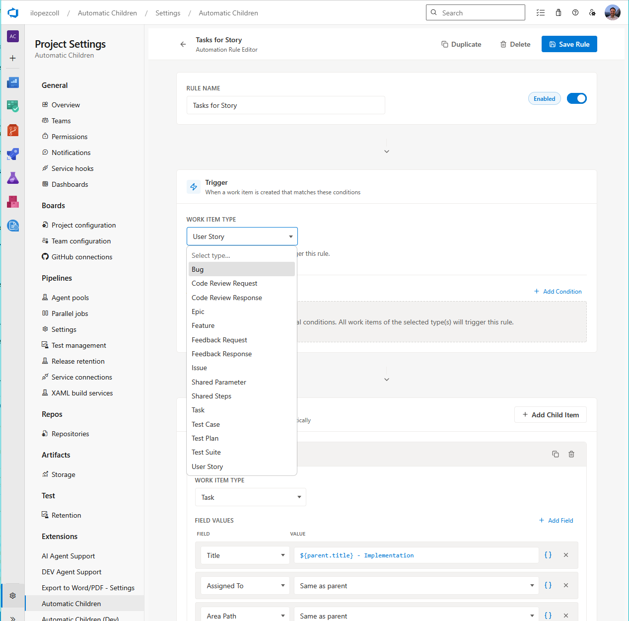 General Rules Work Item Types Screenshot